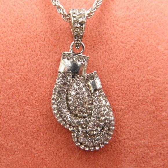 14K WHITE GOLD plated ICED BOXING GLOVES PENDANT - Picture 2 of 5